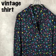 ヴィンテージ   総柄　長袖シャツ　ダブルボタン　光沢　花柄　日本製　ネイビー