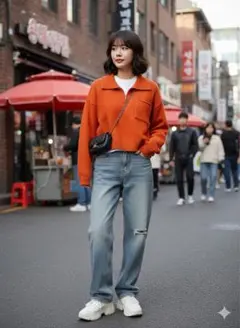 韓国風　オレンジニット　長袖ニット
