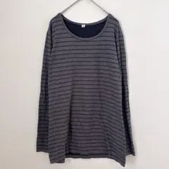 ユニクロ カットソー クルーネック 長袖 ボーダー XL 灰色 レーヨン 防寒のサムネイル