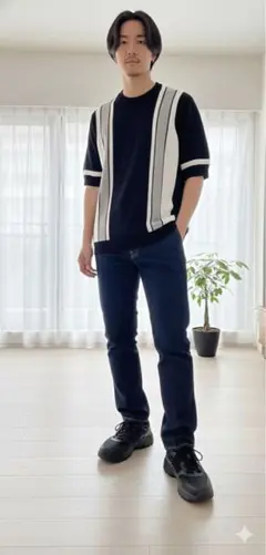 半袖ニット S ブラック×グレー ライン 配色 トップス