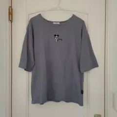 Disney ミッキーマウス 刺繍 半袖 Tシャツ ブルーグレー