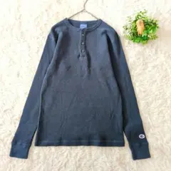 Champion ヘンリーネックカットソー　濃紺 ワッフル 長袖 S ロゴ刺繍