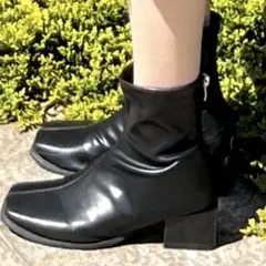 ショート　ブーツ　24〜24.5 スクエア　ブラック　ブーティ　レディース　黒