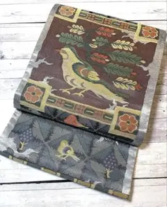正絹 太鼓柄袋帯 花樹栄鳥文様 金銀糸 吉祥 通年柄 美品