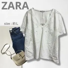 k【ザラ】カットソー/新品 Vネック Tシャツ 総柄 おしゃれ 半袖 大きい