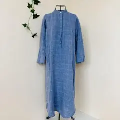 無印良品　リネン100%　麻　チェック　バンドカラーワンピース　М