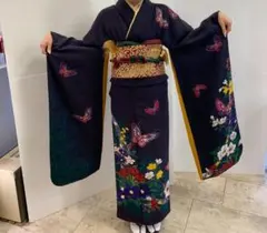 m528＊デザイナー 森英恵 落款 蝶 流水 着物　正絹 成人式 振袖単品 m528＊デザイナー 森英恵 落款 蝶 流水 着物 正絹 成人式 振袖