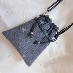 ヌビハート刺繍付きダークグレー巾着ショルダーバッグ