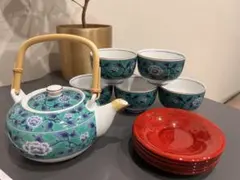 【有田焼】急須と茶碗5個、赤い皿セット