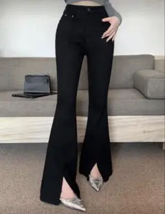 無地 スリット フレアジーンズデニムパンツ ブラック Sサイズ