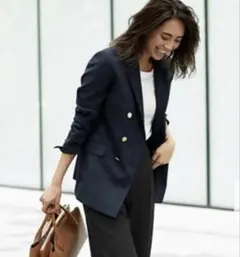 PLST ツイードライクポリ ダブルブレストジャケット ネイビー