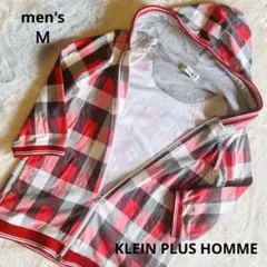KLEIN PLUS HOMME フード付きパーカー 赤チェック　5部袖　リブ