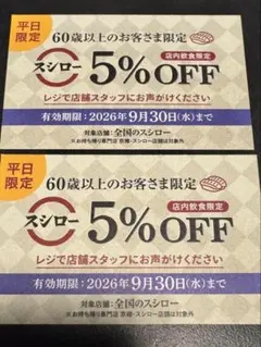 スシロー シニア5%OFFカード 2枚セット 平日限定のサムネイル