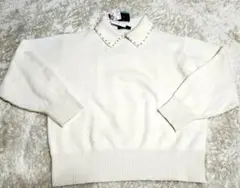 新品【おまけ:ぬいぐるみ付】パールビジュー襟付きニット　L アイボリーAvail