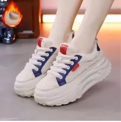 厚底ファー素材スニーカー ホワイト/ネイビー