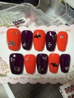 ハロウィンネイルチップ オレンジ パープル かぼちゃ コウモリ 10本セット
