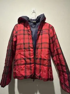 adidas フード付きダウンジャケット 赤黒チェック