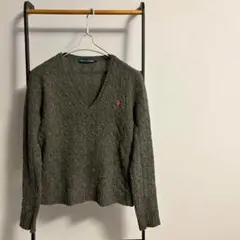 ラルフローレン ケーブルニット Vネック ウール100％ チャコール L