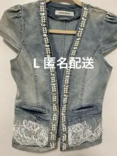 SHAKE SHAKE パール・ビジュー・刺繍入りヴィンテージデニムベスト　L