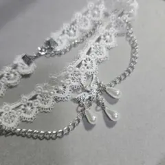 レース チョーカー ホワイト 天使 羽 ドロップ フェイクパール