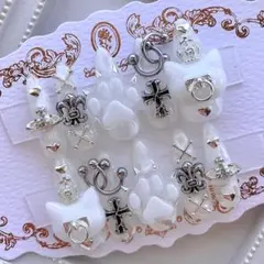 ネイルチップ 量産型 地雷 サブカル ホワイト ネコ 十字架 肉球 ハート