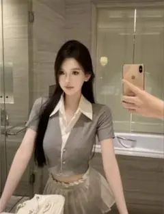 SHEIN アリエク レディース ソリッドカラ -パッチワーク トップスグレー