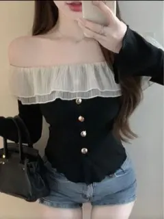 SHEIN トップス オフショルダー フリル付きシャツ 黒