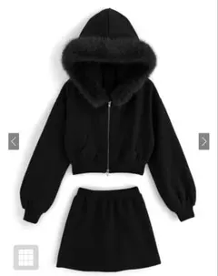 ファーフードジップパーカーメミニスカートセットアップ
