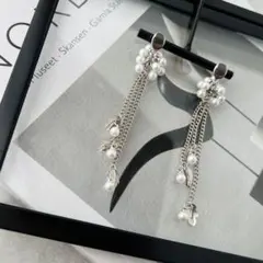 [ A89 ] シンプル シルバー パール ロング ピアス / イヤリング