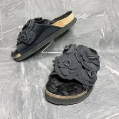 美品 ZARA Basic ザラ サンダル フローラル フラワーコサージュ 黒