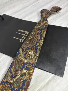 【美品】 dunhill ダンヒルネクタイ ペイズリー ゴールド × ネイビー