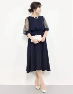 美品✨アパートバイローリーズ　ドットチュールワンピース　ネイビー　M お呼ばれ