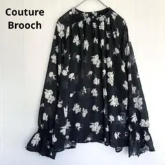 【クチュールブローチ】シアー花柄シフォンブラウス 長袖 ブラックM透け感