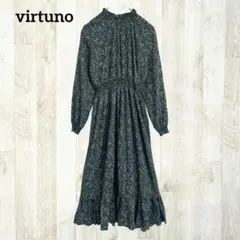 virtuno 長袖花柄フリルワンピース M 青 シャーリング ティアード 上品