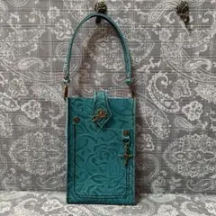 ハンドメイド♪本革薔薇スマホケース(*^^*)ターコイズグリーン♪