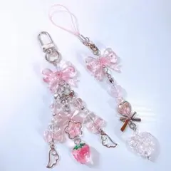 ビーズキーホルダー コレクトブック ストラップ ピンク 2コセットチャーム