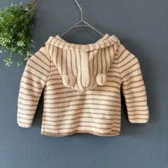 ベビーギャップ〔60〕くま耳付き◎ボーダー柄コットンニットカーディガン