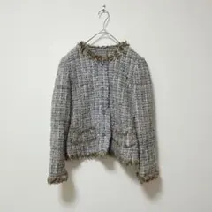 ライツフォル【38】ノーカラージャケット/ツイード柄 フリンジ 長袖 大人可愛い