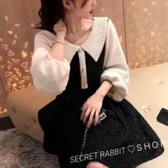 韓国♡ お姫様♡切替えミニワンピース　配色ニットひざ丈スカート襟付き　秋冬新品