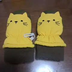キッズ用 猫デザイン 雪山用手袋 カーキ×イエローのサムネイル