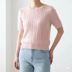 ユニクロ【L】ケーブルクルーネックセーター 半袖 リブ袖 春夏