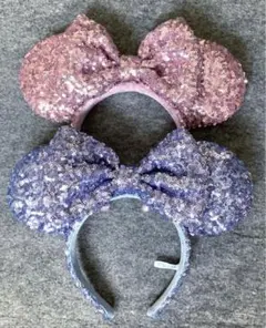 ディズニー　カチューシャ　スパンコール　淡い　水色　ピンク　リボン　ミニー　ペア