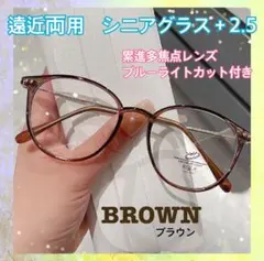 シニアグラス＋2.5　遠近両用めがね　ブラウン　ブルーライトカット眼鏡　老眼鏡