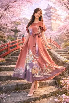 訪問着着物リメイクワンピース正絹ウエストリボン付き着丈129センチ身幅58センチ