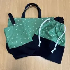 ハンドメイド　入園入学3点セット　絵本袋　体操服袋　上靴袋　犬柄　緑色　男の子