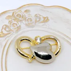 ハート ゴールド×シルバー コンビ ブローチ ビジュー ヴィンテージ