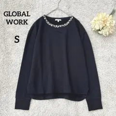 グローバルワーク　ビジュー付きプルオーバー　スウェット　ネイビー　S キレイめ