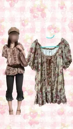 axes femme 森ガール 半袖チュニック 花柄 総レースのサムネイル