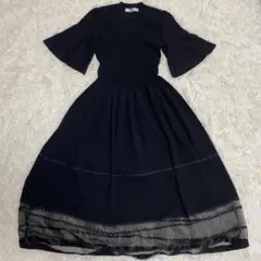 FUR FUR リブニット切替フレアワンピース　プリーツ袖　レース　ブラック　黒