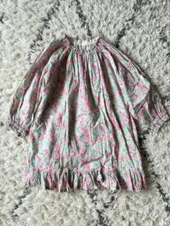 美品ハンドメイド　ピンク系花柄長袖ワンピース 110